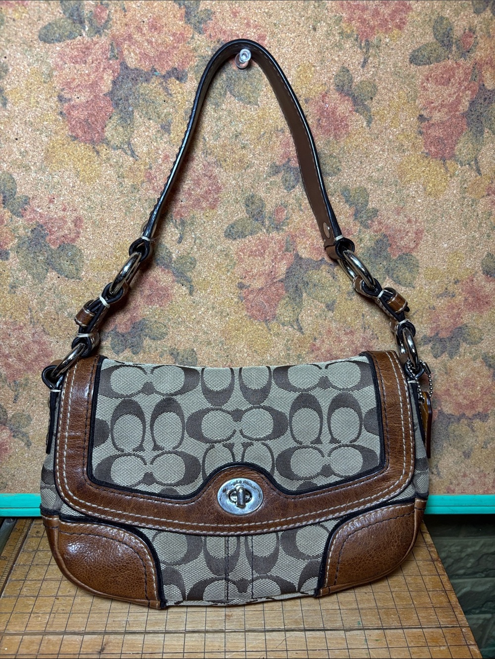 Coach Khaki Signature Canvas Shoulder Bag with Brown Leather Trim